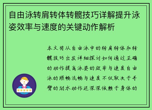 自由泳转肩转体转髋技巧详解提升泳姿效率与速度的关键动作解析